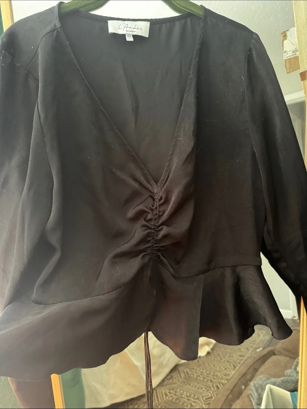 L'Academie Black Ruched V-Neck Peplum Blouse